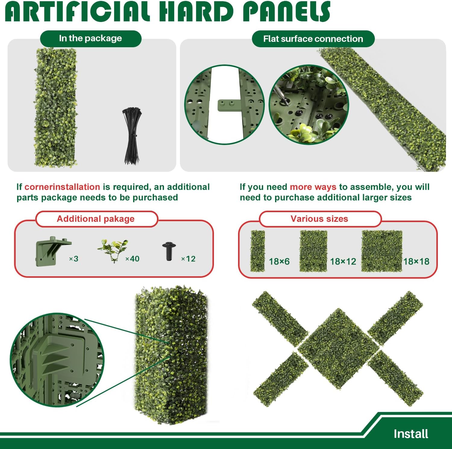 18"x6" Artificial Grass Panels Wall Décor with Hard Panels-2Pc Fake Boxwood Hedge Faux Ivy Privacy Fence Screen for Outdoor Indoor Greenery Backdrop, Single Side