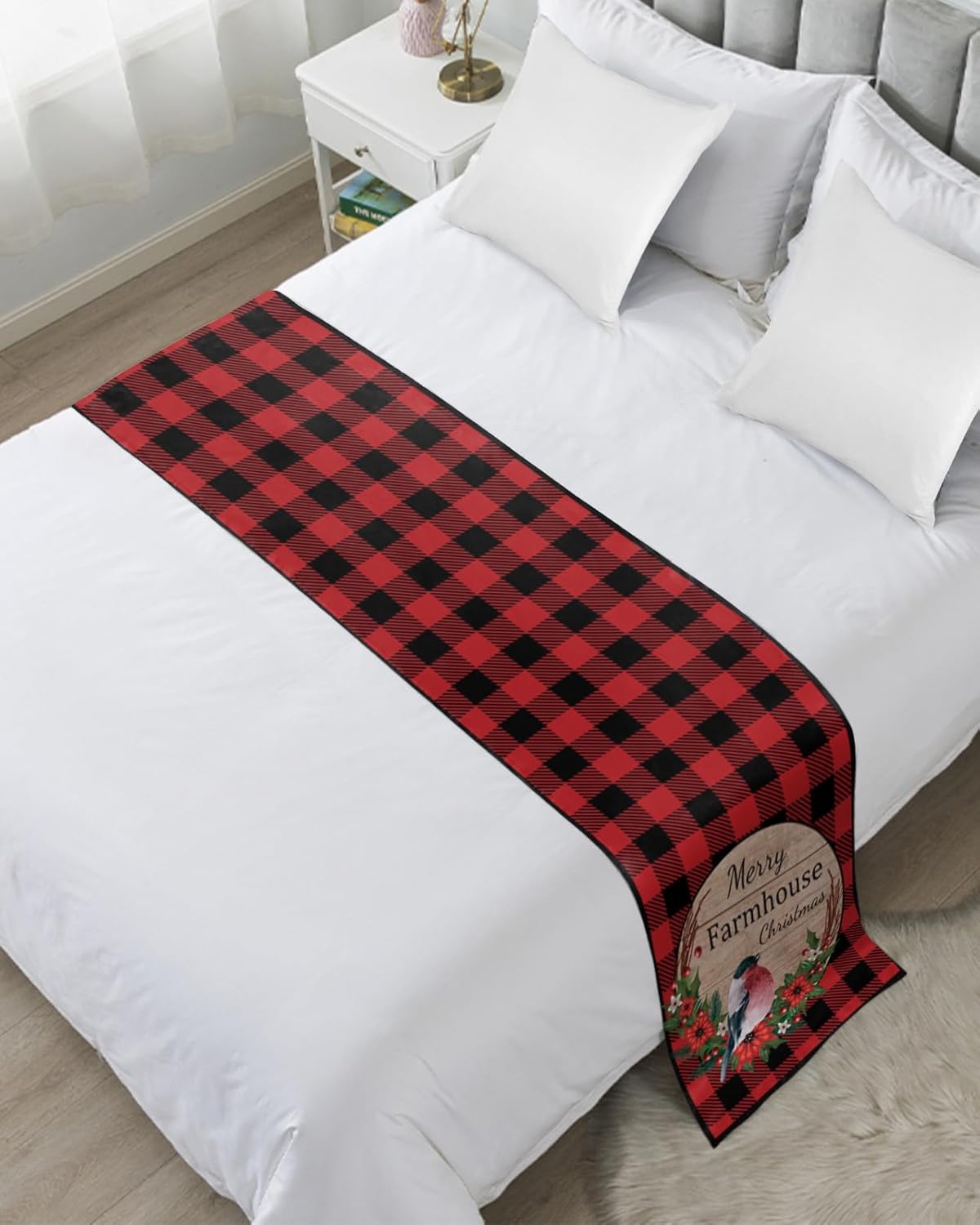 Bed Runner Scarf, Merry Farmhouse Christmas Bird with Flower Buffalo Plaid King Bed Bedding Scarves Cover Decorative Bed Scarf for Home Hotel Guesthouse Bedroom Wedding Room Guestrooms 94"x20"