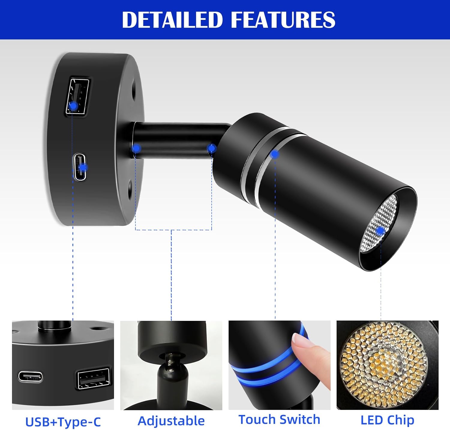 2 Pack Black RV Reading Lights with USB-C USB Charger Port, Touch Switch Dimmable of Warm White Mode and Blue Night Light for Fifth Wheel, Motorhome, Travel Trailer, Camper Van