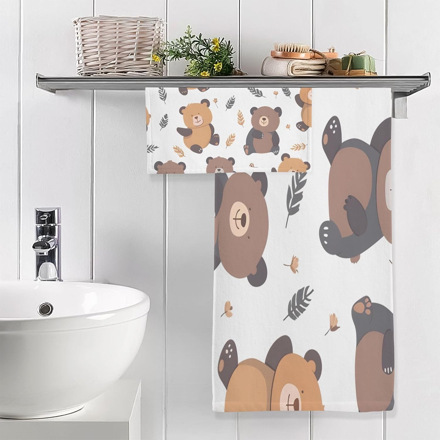 Hand Towels Premium Soft and Highly Absorbent Pattern of Cartoon Bear 2 Pcs Towels for Bathroom Set 100% Cotton Decorative Face Towels