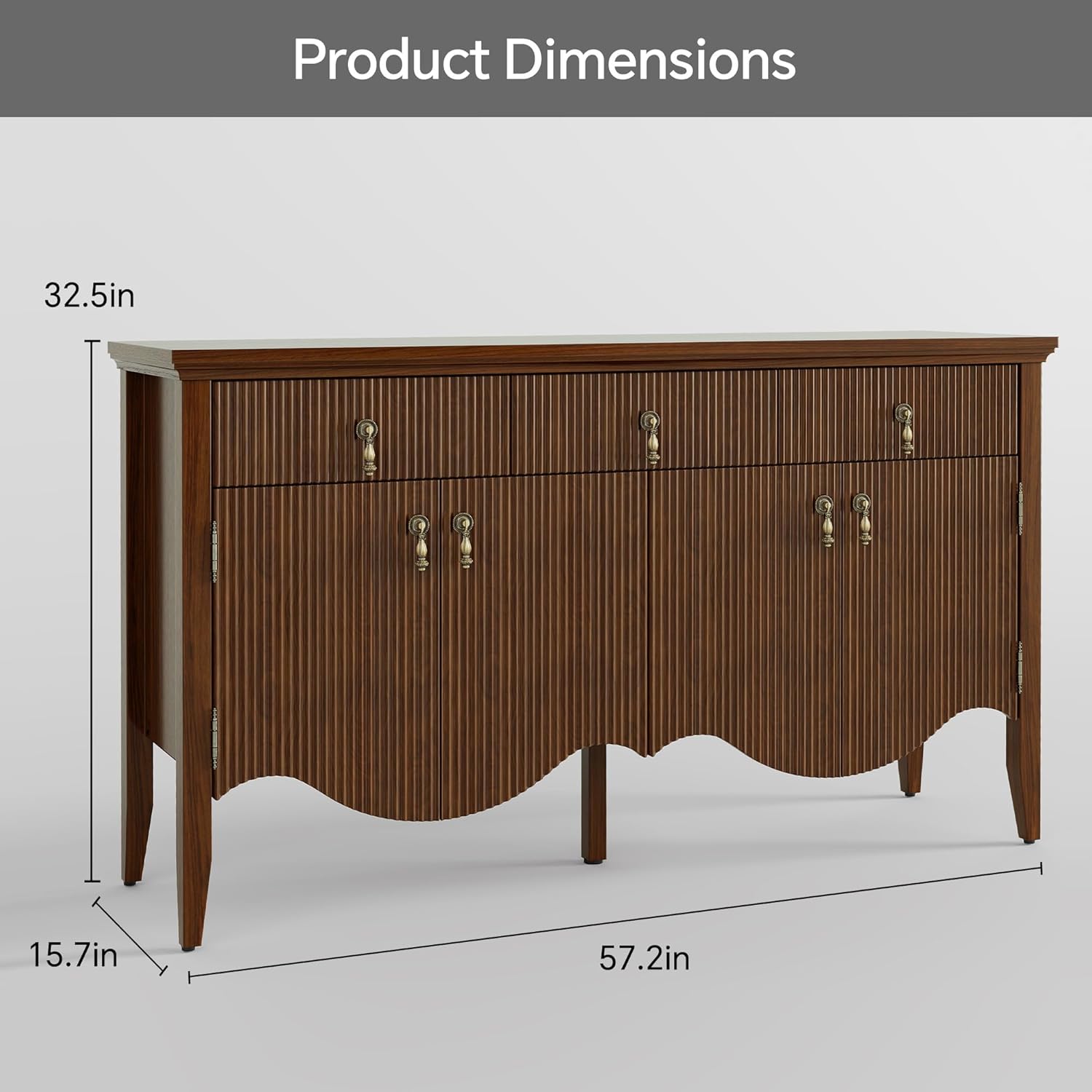 FUSUNBAO 57-Inch Sideboard Buffet Cabinet with 3 Drawers and 4 Doors, Vintage Fluted Sideboard with Scalloped Base, Vintage Storage Cabinet for Dining Room, Organic Modern Accent Cabinet, Walnut