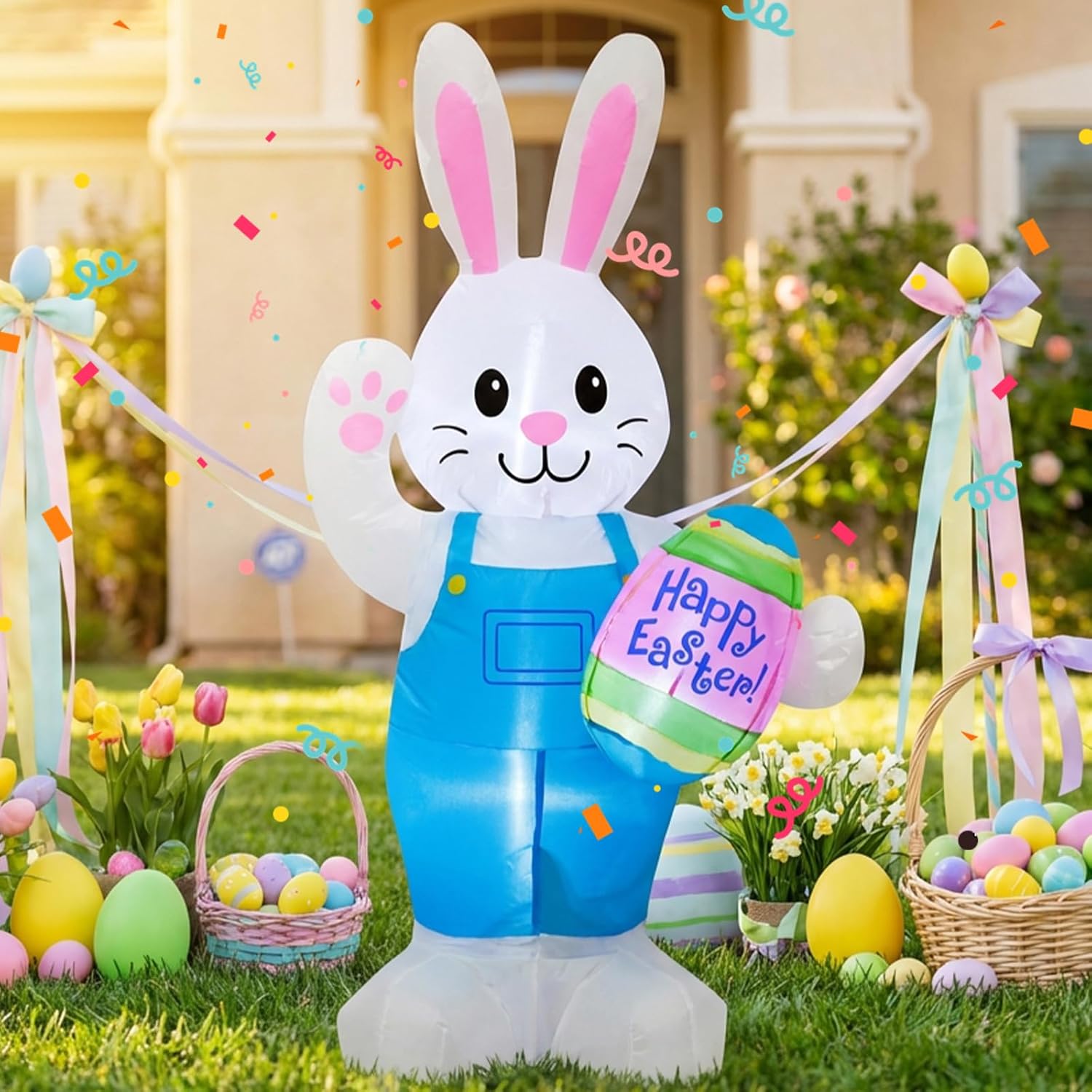 4FT Easter Inflatables Bunny Outdoor Decorations, Inflatable Bunny Holds Egg Built-in LED Lights Blow Up Indoor Outdoor Decor, Spring Summer Outdoor Decor,Holiday Addition for Party,Yard,Garden, Lawn