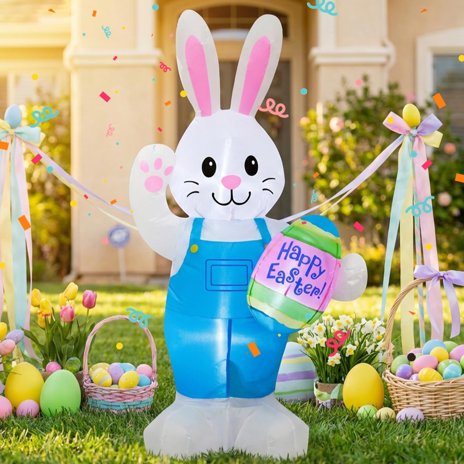 Vikimora 4Ft Bunny 4Ft Easter Inflatables Bunny Outdoor Decorations, Inflatable Bunny Holds Egg Built-In Led Lights Blow Up Indoor Outdoor Decor, Spring Summer Outdoor Decor,Holiday Addition For Party,Yard,Garden, Lawn
