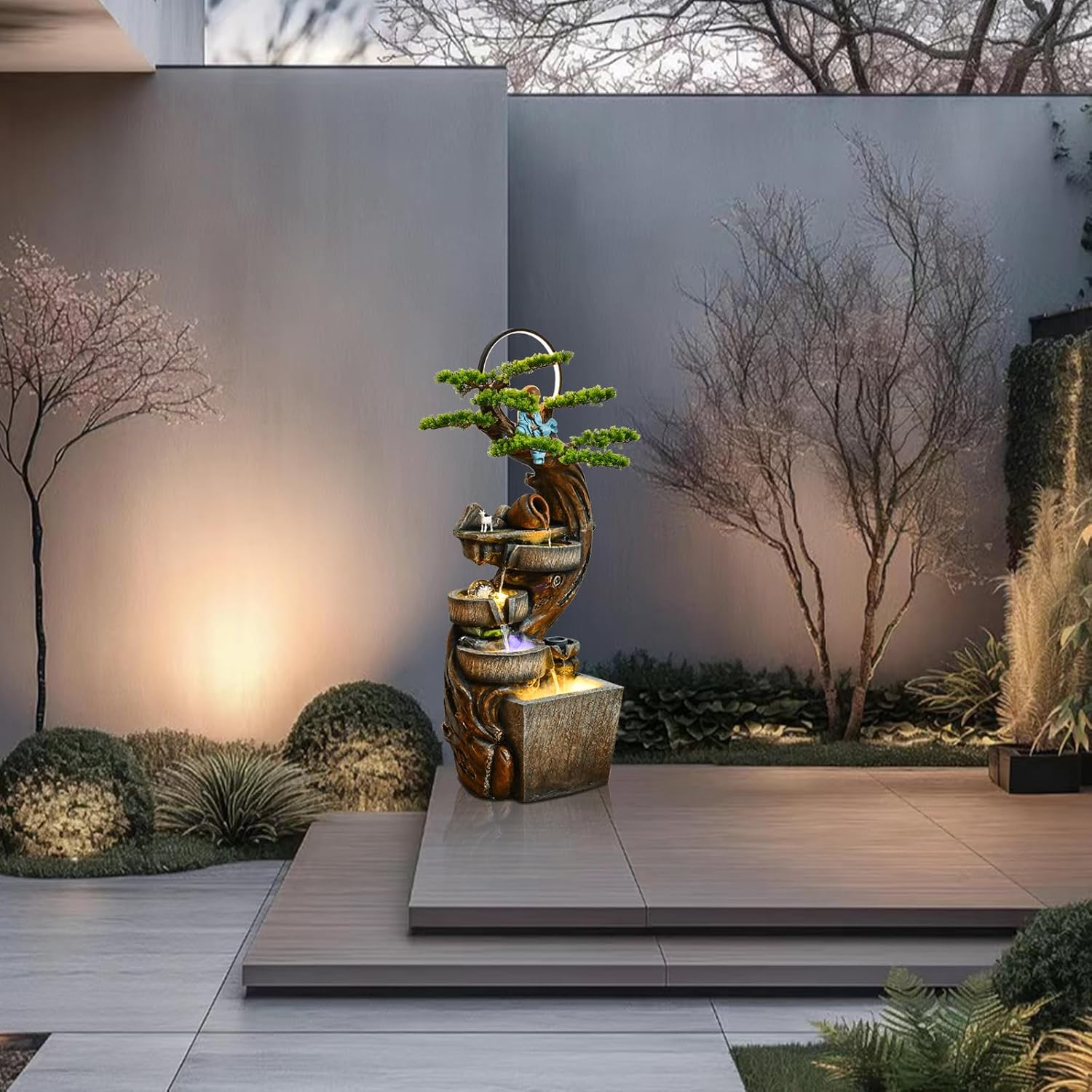 Zen Tree Indoor Water Fountain with Mist & LED – Resin Bonsai Design with Monk, Crystal Ball & Rotating Wheel, Multiple Sizes for Home Decor (Large)