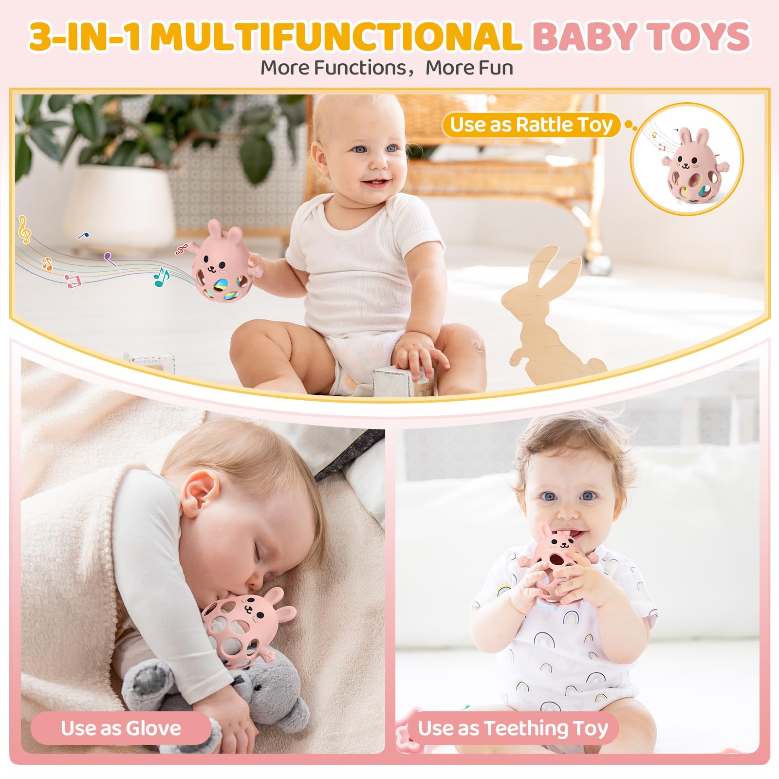 Orzbow Multiuso Massaggia Gengive Neonati Freezer, Silicone Sonaglio Neonato 0-3-6-9 mesi, Giochi Montessori con Design Openwork, Leggeri, Traspiranti, Facile Impugnare & Pulire, Rosa Carne