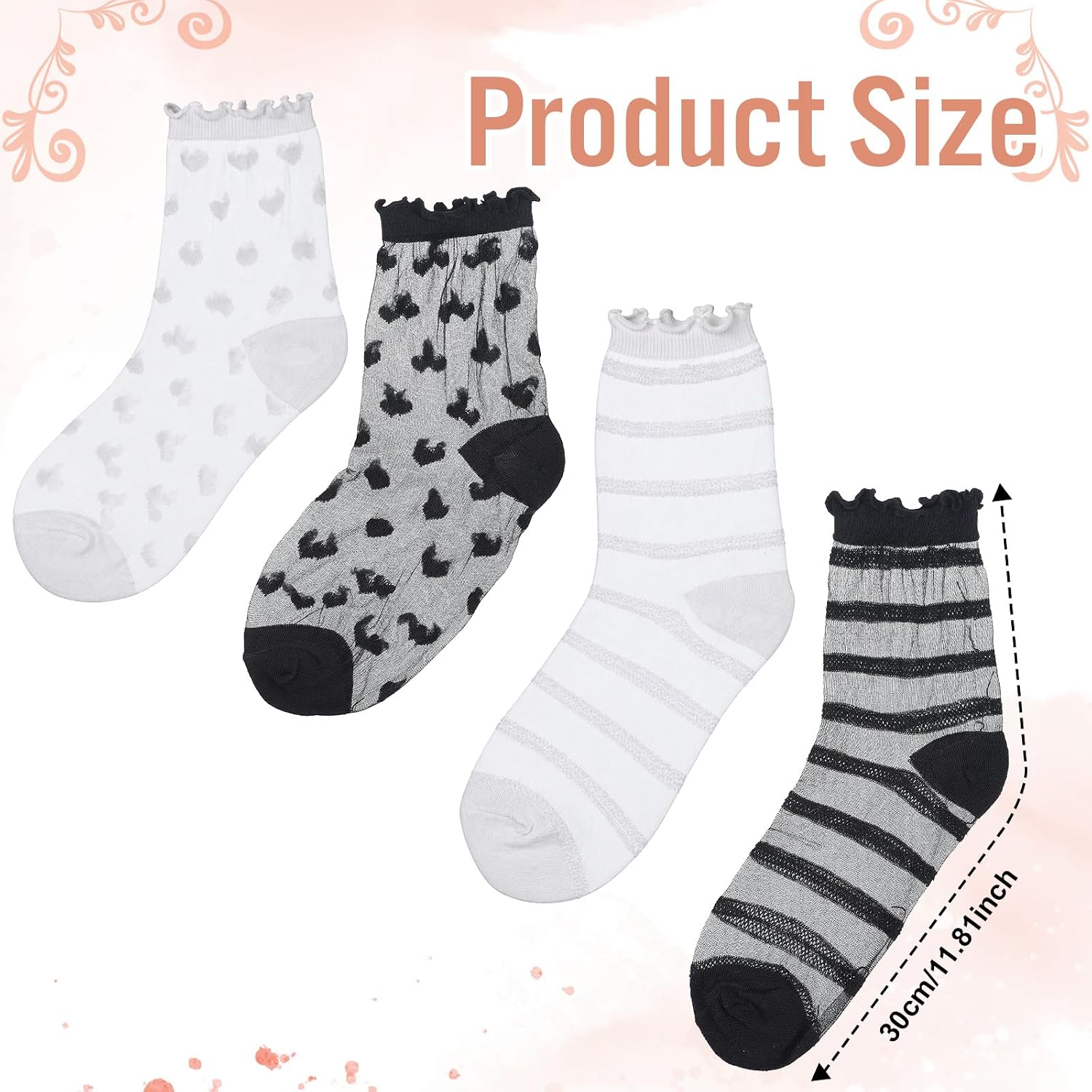 8 Pairs Lace Ruffle Socks for Women, Sheer Ruffle Socks with Heart Stripe Pattern, Polyester Cotton Ankle Stockings (White & Black, 11.8 Inch)