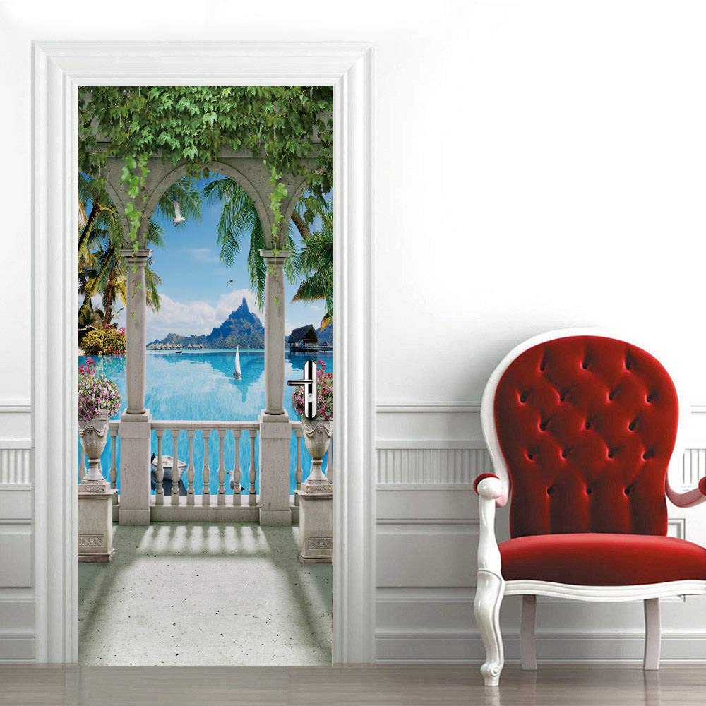 Papier Peint 95x215 cm et Sticker Porte Trompe l'oeil 3D pour Décoration Cuisine