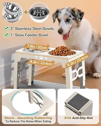 Miniatura 10 de Cuencos elevados para perros, comedero para perros con 2 cuencos de acero inoxidable y 1 tazón de alimentación lenta, 5 alturas ajustables, soporte