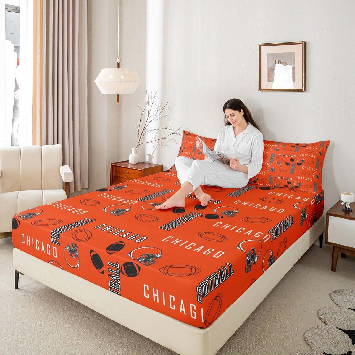 jejeloiu Football Bedding Set Twin Size Kids Rugby Sports Fitted Sheet with 16 Inch Deep Pockets for Boys Girls Teens Football City Bed Sheets Set Orange Black Soft Room Decor
