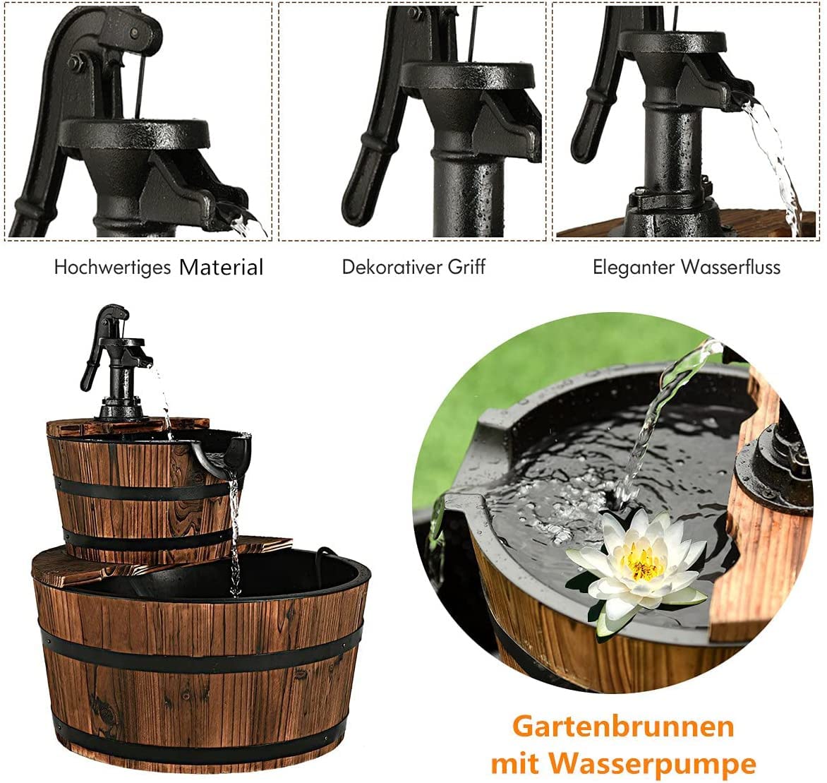 RELAX4LIFE Fuente de jardín de Madera de Abeto, Fuente Ø44,5cm con Bomba de Agua, Fuente de 2 Pisos con caudal de Agua Regulable, Circuito de Agua Cerrado, 19L, Fuente Decorativa para jardín