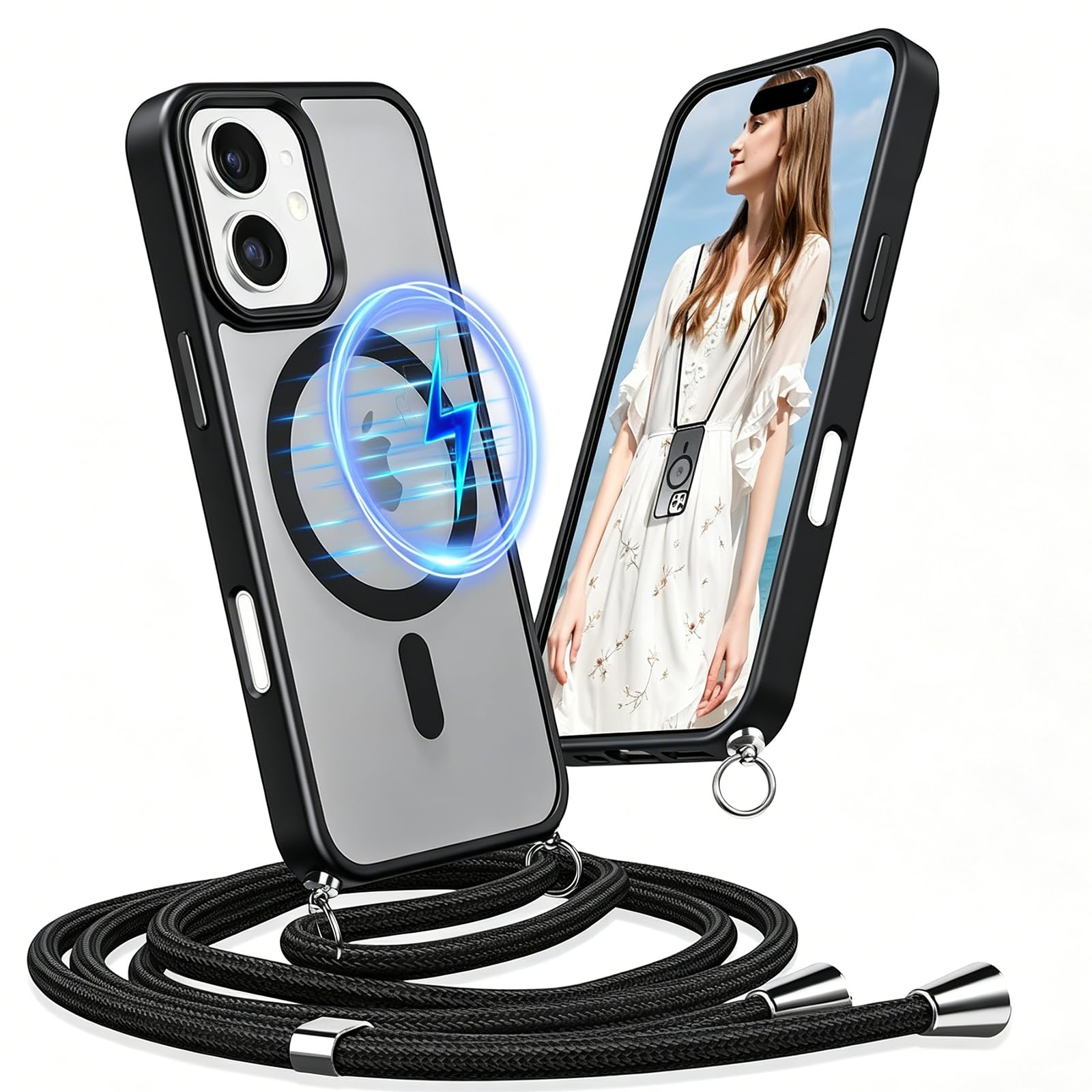 Pnakqil Magnetyczne etui na Apple iPhone 16 ze smyczą, kompatybilne z MagSafe, półprzezroczyste przezroczyste twarde etui z PC ze sznurówką na ramię regulowany odporny na wstrząsy futerał z