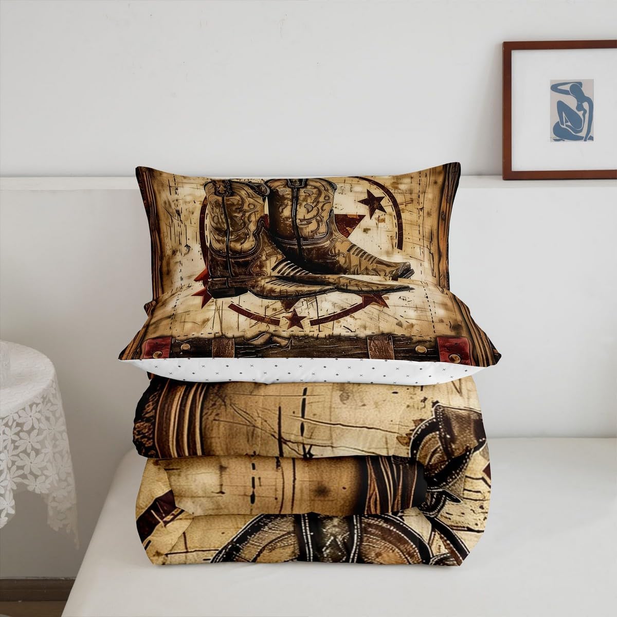 Feelyou Brown Western Aztec Comforter Set Queen Size Cowboy Shoes Duvet Quilt for Kids Teens Adults Tribal Wild Western West Texas Star Rustic Bedding Set Room Decor with 2 Pillow Case 3Pcs