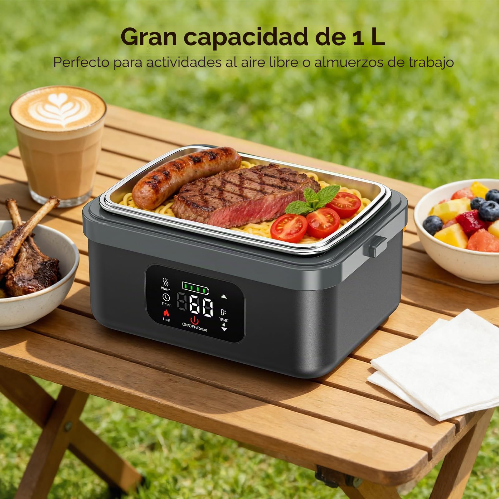 Fiambrera Electrica,Calentador de Comida Portatil 1L para Comida con Pantalla Táctil,Taper Termico Comida Caliente con Vajilla de Acero Inoxidable y Bolsa Aislante para Coche(Negro y gris)