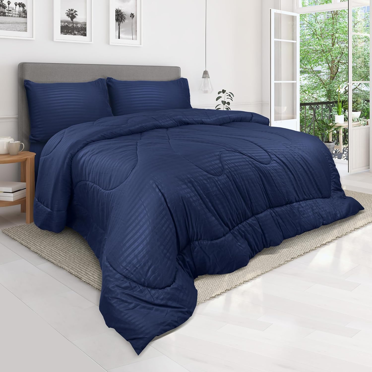 Cozy Home Reversible Microfiber Comforter Set | 300 GSM All Season Quilt Duvet | Soft Plush Siliconized Fiberfill | Lightweight, Cozy & Washable | Made in UAE (Navy Blue, Single : 160 x 220 cm) Navy Blue Single : 160 x 220 cm