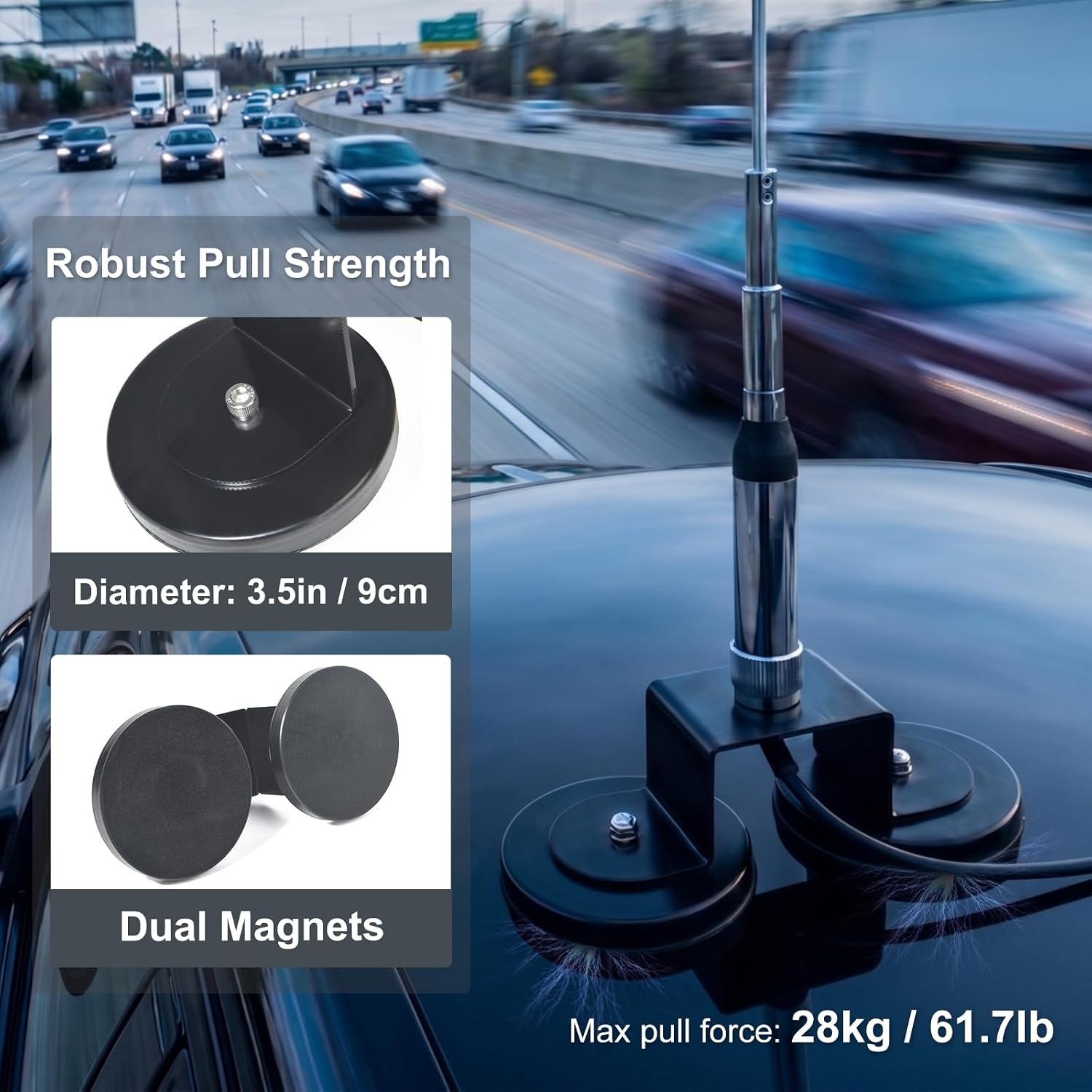 Heavy Duty Dual Magnetic Antenna Mount Base with 5/8" (16mm) Hole, for SO-239 & N-Female Mobile Ham CB Radio Antennas, Vehicle Roof Trunk Mag Mount for Truck, RV, Jeep