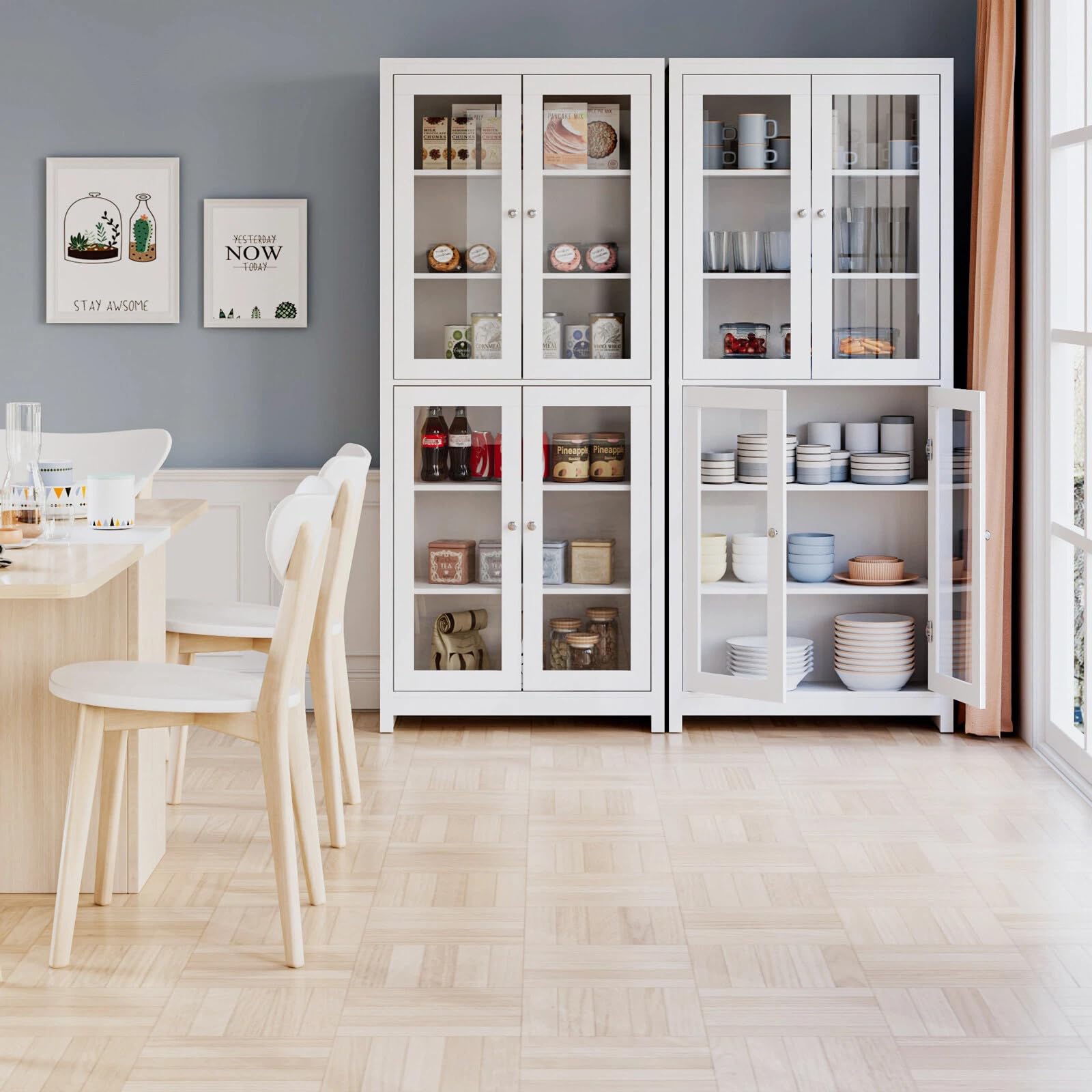 FOREHILL 190 cm Vitrinenschrank, Bücherschrank mit 4 Türen 6 Fächern, Hochschrank, Schrank für Wohnzimmer Küche Esszimmer Büro, weiß