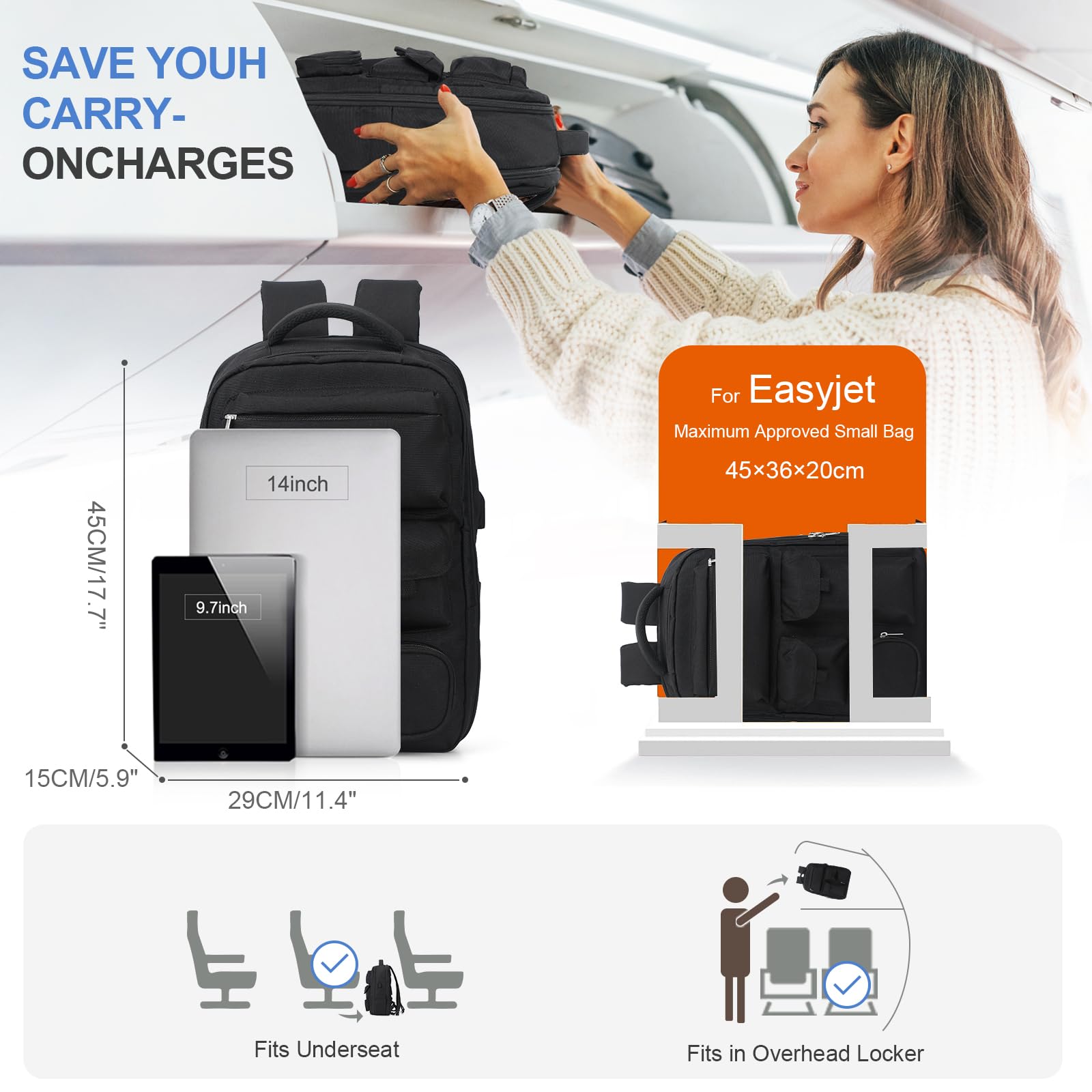 SZLX Borse da Viaggio 45x36x20 Zaino Easyjet Donna Zaino Ryanair 40x20x25 Bagaglio a Mano Zaino impermeabile uomo trekking, Borsa da Viaggio Cabina aereo Zaino per Laptop con Porta di ricarica USB