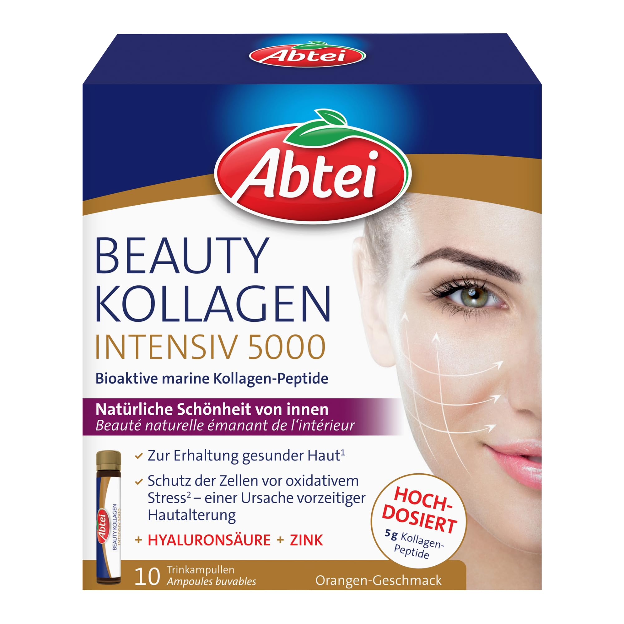 Abtei Beauty Collagen Intensive 5000 - For Natural Beauty from the Inside - 5 g Collagen Peptides, Hyaluronic Acid, Zinc and Vitamin C - High Dosage, Sugar-Free - 10 Drinking Ampoules 25 ml (10er Pack) beauty collagen