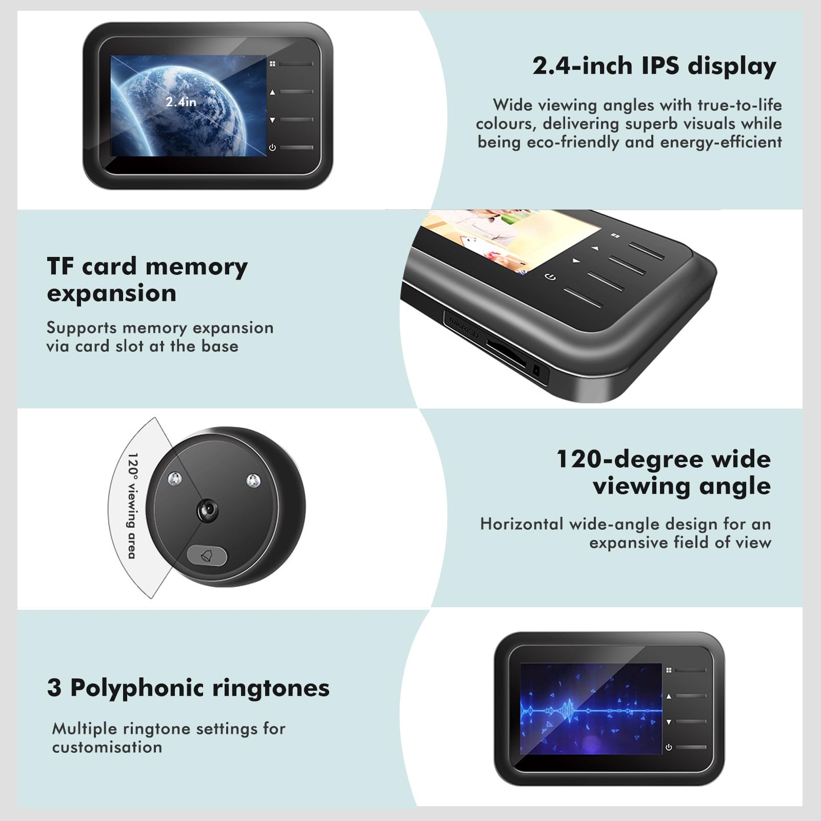 Nikou Visionneuse de Porte Intelligente, 2,4 Pouces TFT LCD Écran Judas avec Sonnette, 1 MP Visionneuse de Judas à 120 Degrés, Vision Nocturne IR, pour Maison, Bureau, Appartement, Hôtel
