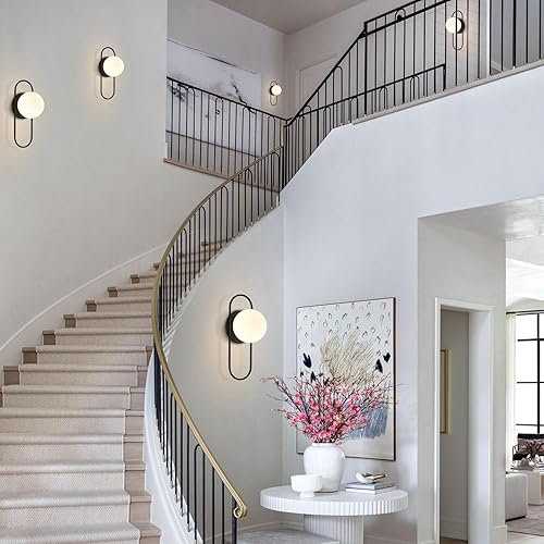 Miniatura 7 de Aplique de pared redondo moderno de mediados de siglo, 1 luces, globo negro, lámpara de pared minimalista de cristal blanco para baño, lámpara de