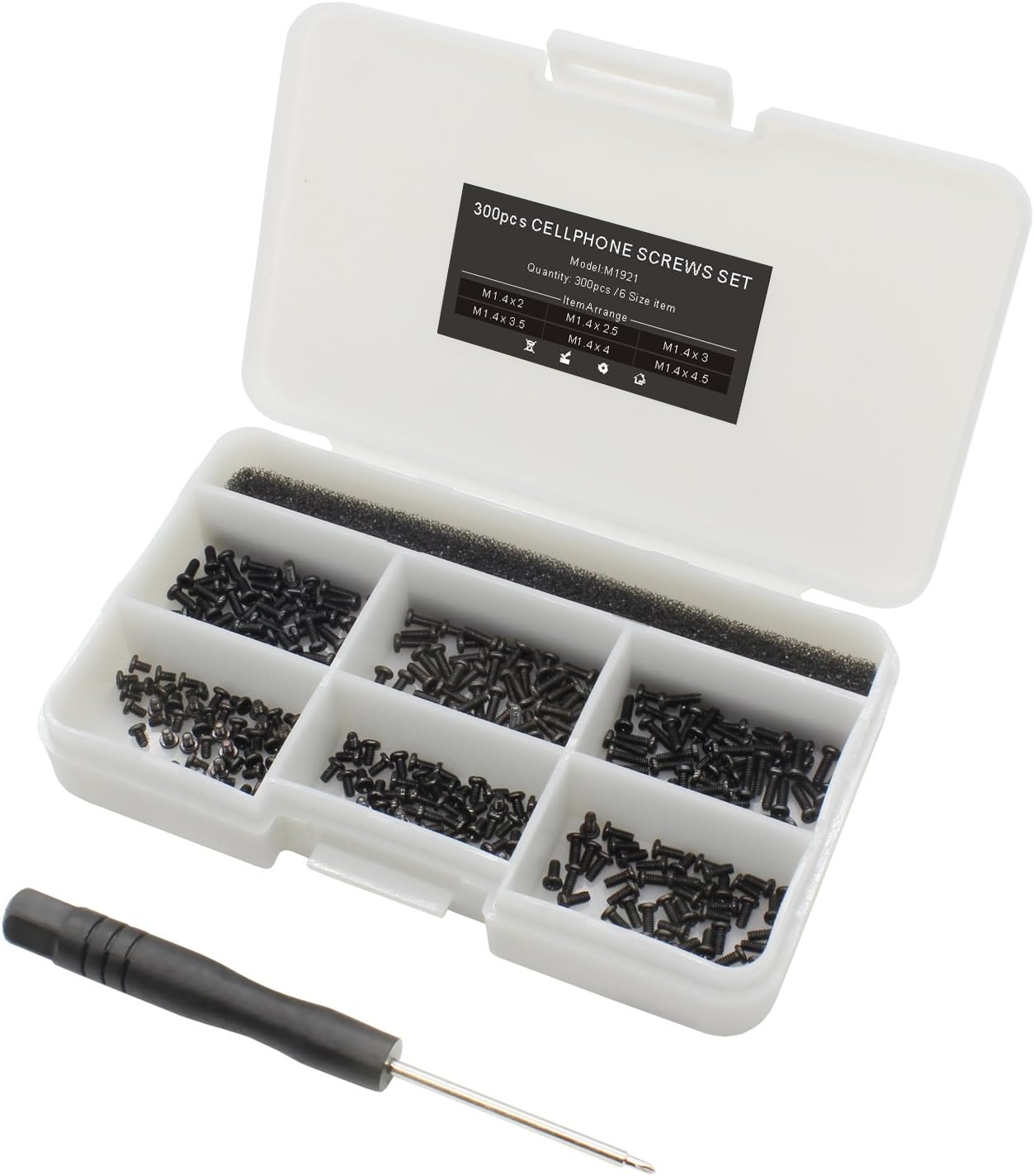 300pcs M1.4 Series Screws Set for Android Smartphone, watches, glasses，small electronic products Phillips Wafer Head, Black Zinc, 6 Size, with Screw Driver