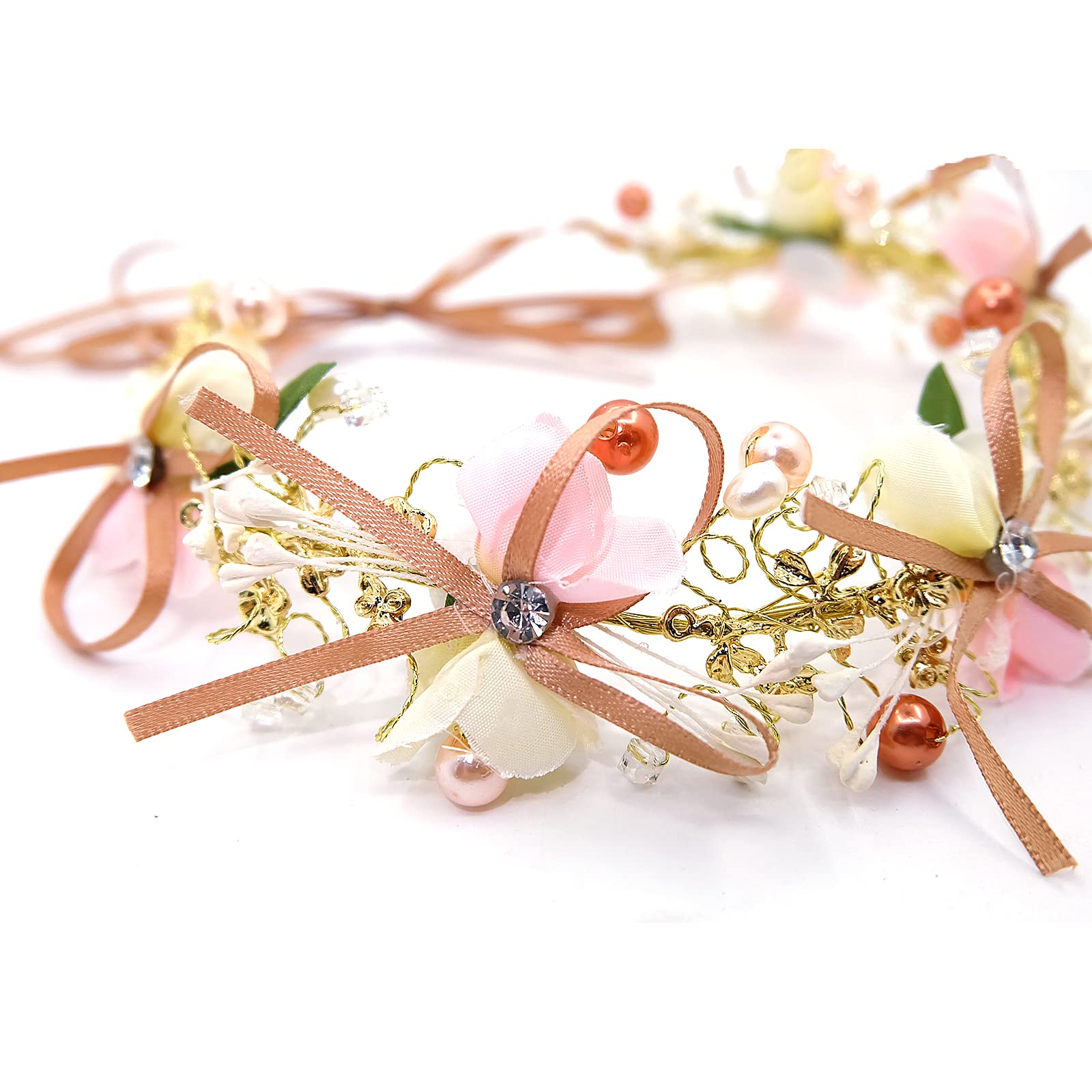 Flower Headband, Bridal Flower Wreath with Artificial Leaves, Flowers and Pearl Rhinestone Flowers Hair Bands - Image 2