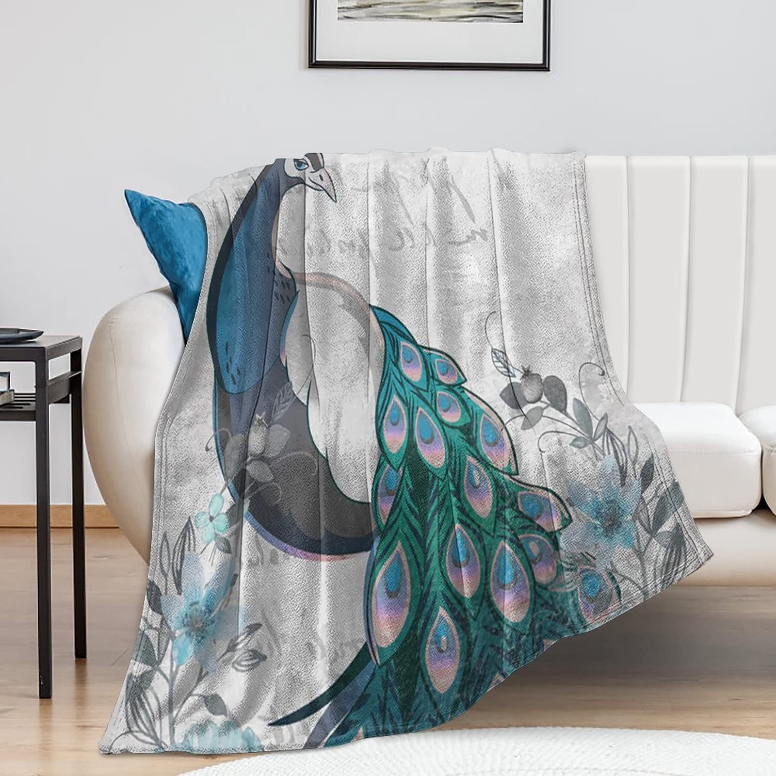 Couverture flanelle chaude style ferme plaid paon peluche pour lit et canapé adulte enfant 101x127