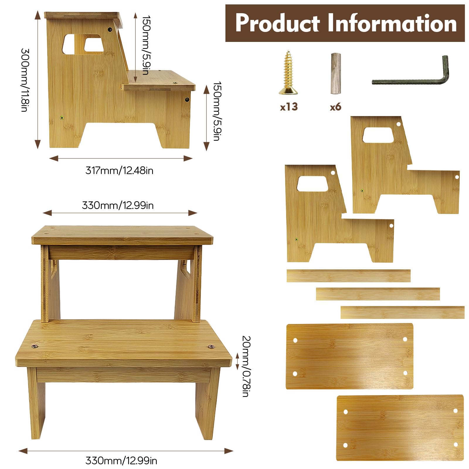 Gradino Legno, con 2 Gradini, Maniglia e Tappetino Antiscivolo, Sicuro e Stabile, Superficie Liscia e Priva di Bave, Adatto a Bagni, Cucine e Camere Dei Bambini