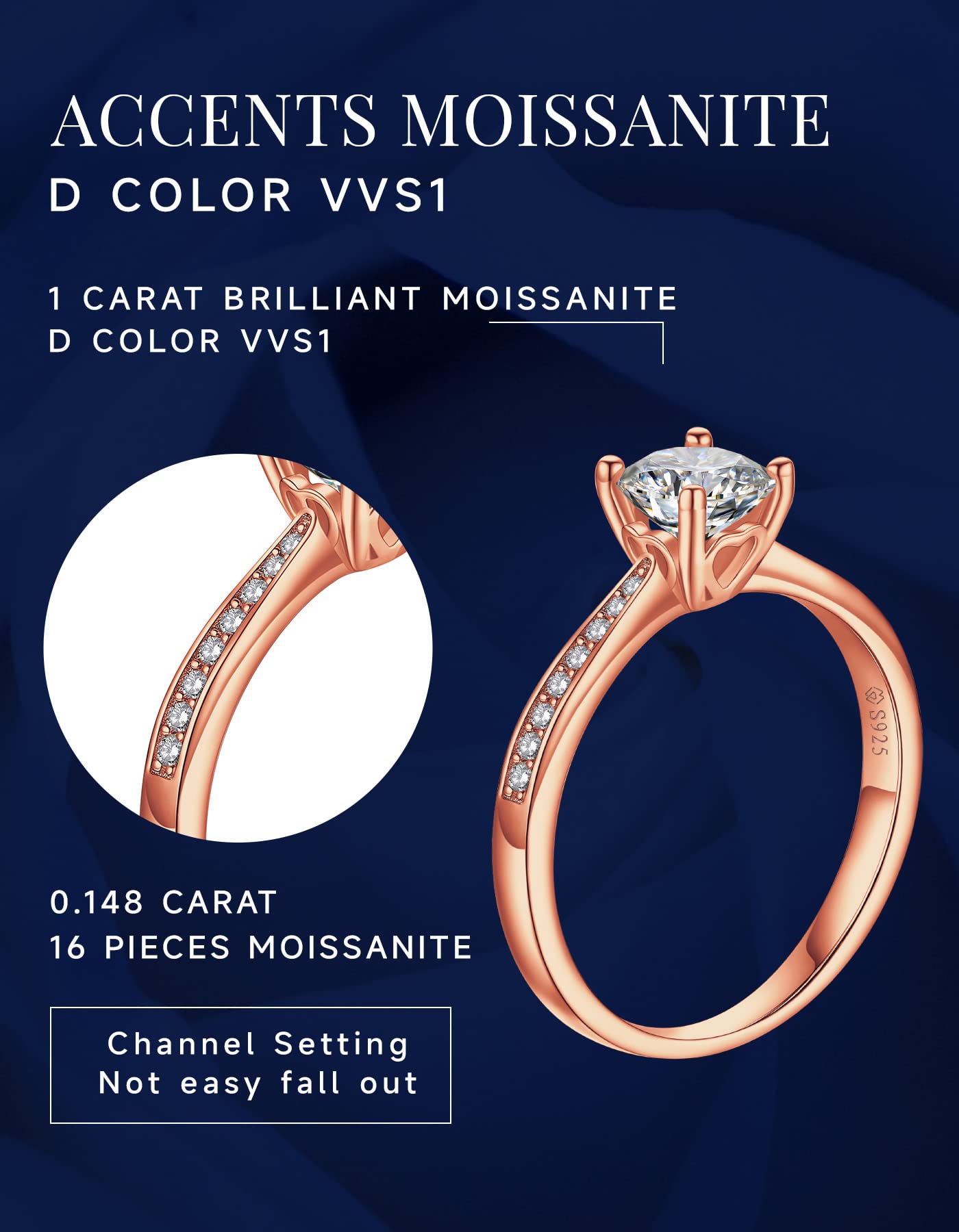 MomentWish Anello Fidanzamento Donna, 1 Carato Moissanite Diamante Anello argento 925 Anello Promessa con Certificato Gra Festa della Mamma Regalo Donna (Argento/Oro rosa)