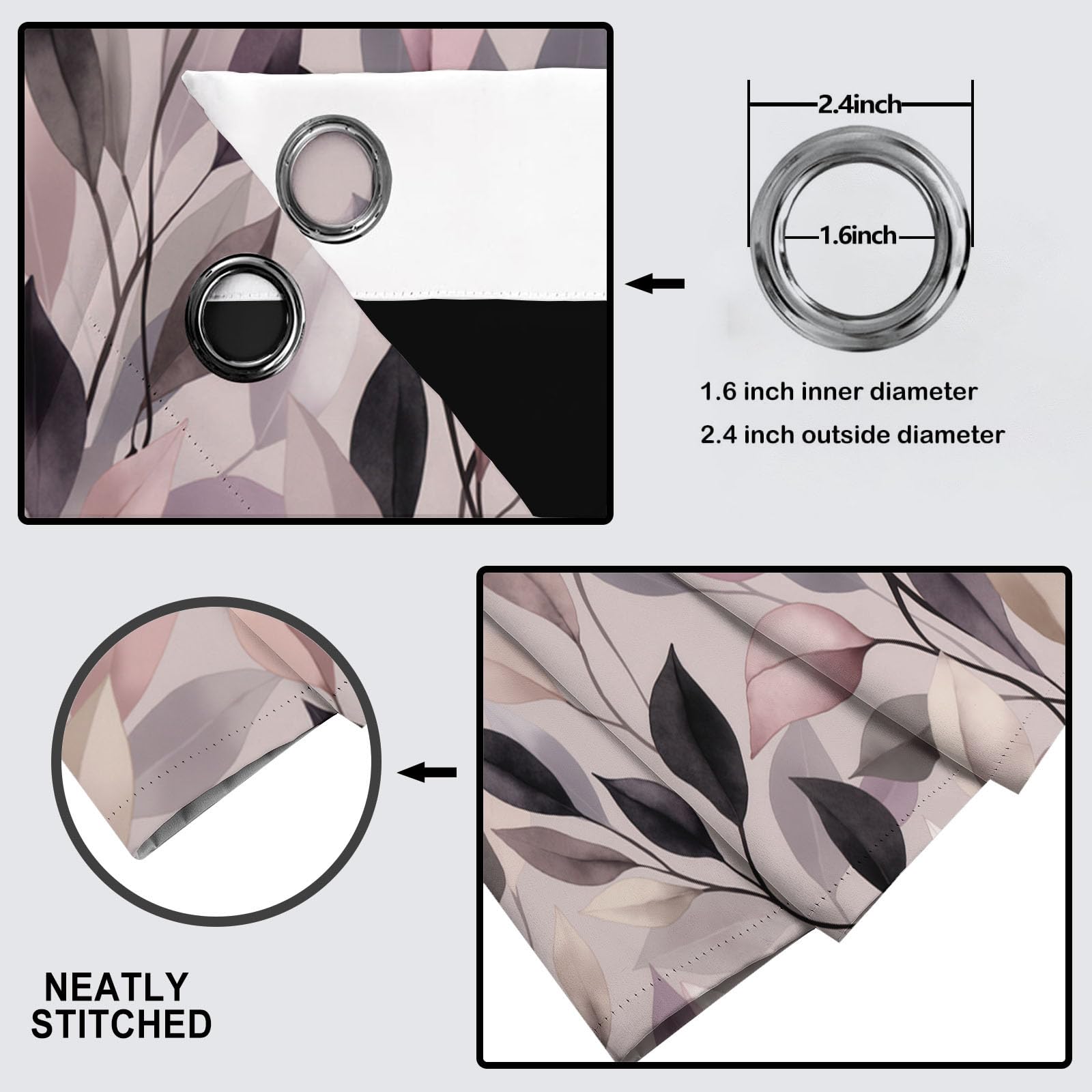 Rideau Occultant Feuilles Et Branches Aquarelles, Rideaux Plantes Modernes Poudre De Blush, Rideau Thermique Anti Froid pour Salon Chambre Decoration, Lot De 2 Draperies Intérieur 117X137 Cm (Lxh)