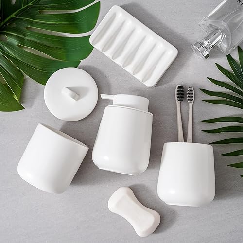 Miniatura 6 de Juego de accesorios de baño de cerámica, dispensador de jabón de loción y soporte para cepillos de dientes, jabonera, tarros de boticario, 4 piezas