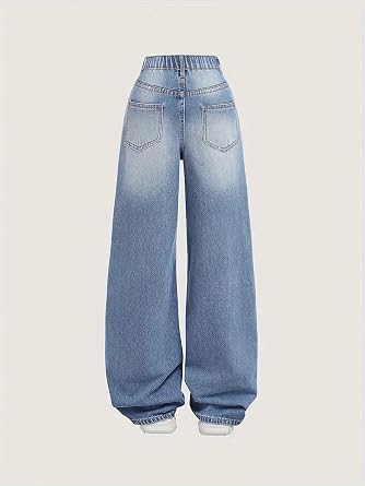 女の子用ジーンズ だぶだぶ ワイドレッグ リップド 高弾性ウエストデニムパンツ Y2k ボーイフレンド スケーター ストリートウェア キュート ズボン 7-14歳