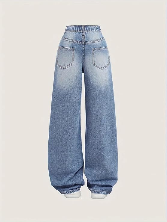 女の子用ジーンズ だぶだぶ ワイドレッグ リップド 高弾性ウエストデニムパンツ Y2k ボーイフレンド スケーター ストリートウェア キュート ズボン 7-14歳