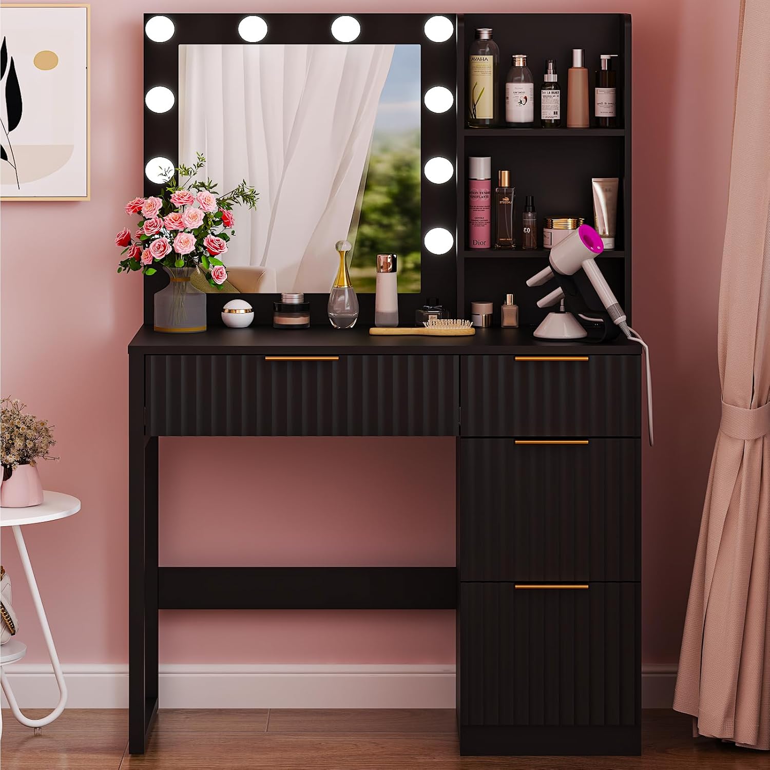 VINGLI 34in Fluted Makeup Vanity Desk with Mirror & Lights & Power Outlet, Small Vanity Table w/ 4 Drawers & 2 Storage Shelves,Black Modern Dressing Table Set Charging Station for Bedroom