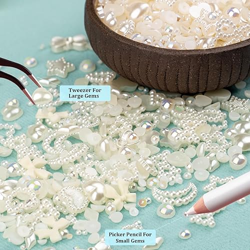 Miniatura 3 de 600 dijes de uñas multiformas 3D y perlas de parte trasera plana, beige y beige, estilos de mezcla AB con corazón, estrella, arco de girasol,