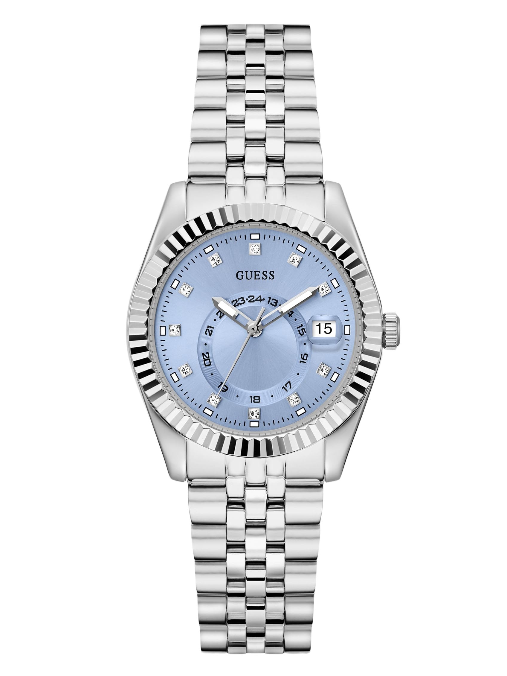 Guess Damski srebrny zegarek Jada 34 mm z paskiem ze stali nierdzewnej i ochroną przed wodą 3 bary - GW0936L1