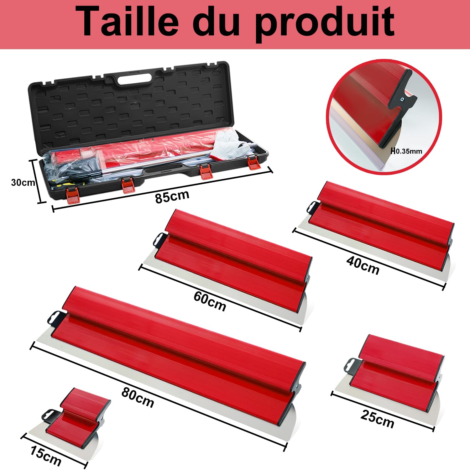 Spatule Enduit Lissage Set, 5 Outils de Spatule (15cm, 25cm, 40cm, 60cm, 80cm) pour les cloisons sèches,à main tige télescopique 85 à 130 cm，2 grattoirs à main et Avec boîte - 4