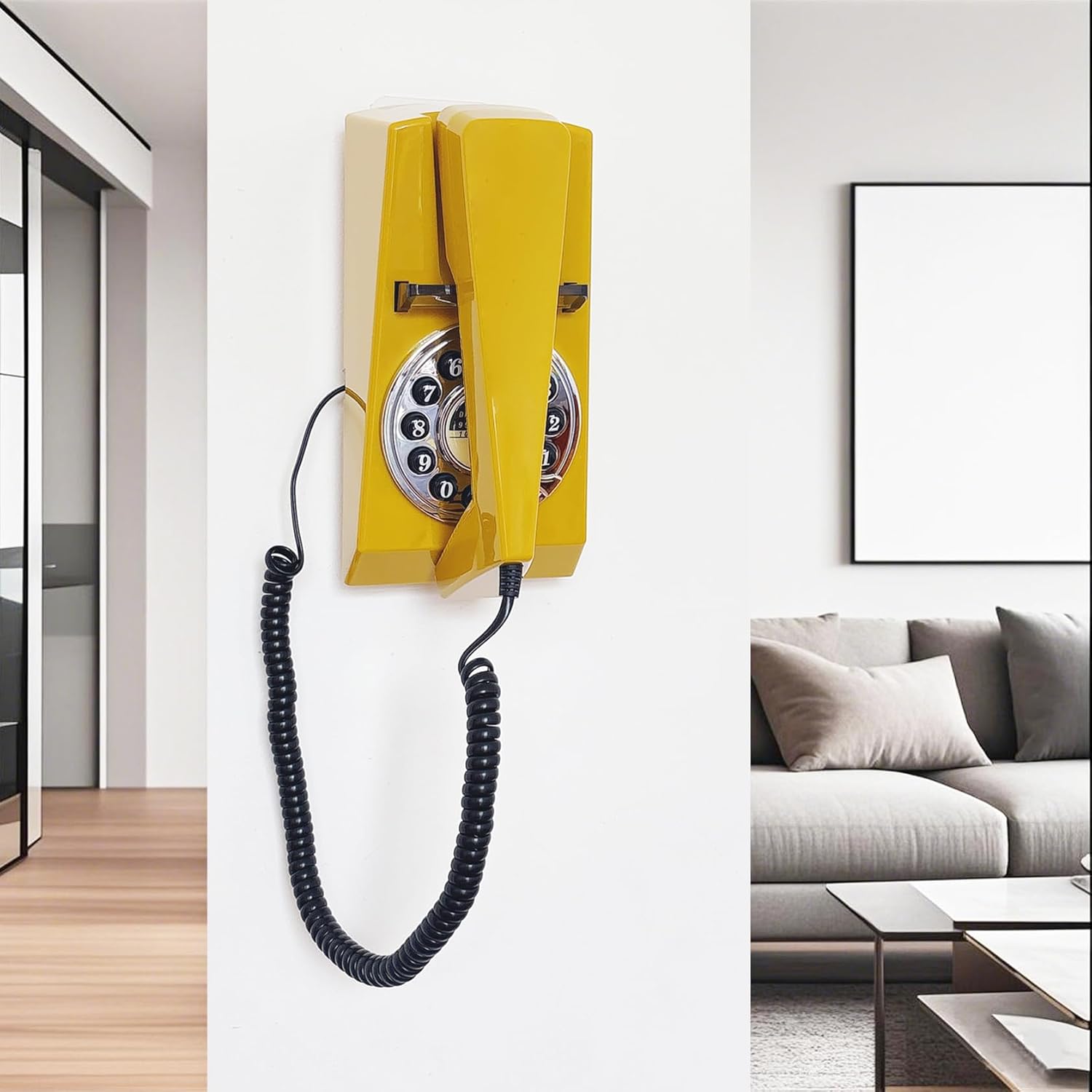 Vintage Landline Wall Phones for Home, Corded Wall Telephone, Retro House Working Phone for Seniors, Basic Trimline Telephones, No AC Power Required, Wall-Mountable Telephone (Yellow)
