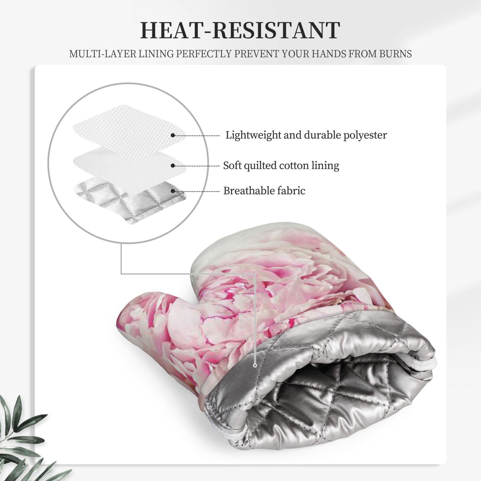 Pivoines sur Fond Blanc,Gants de Cuisine et maniques (Lot de 4), antidérapants Gants de Four résistants à la Chaleur