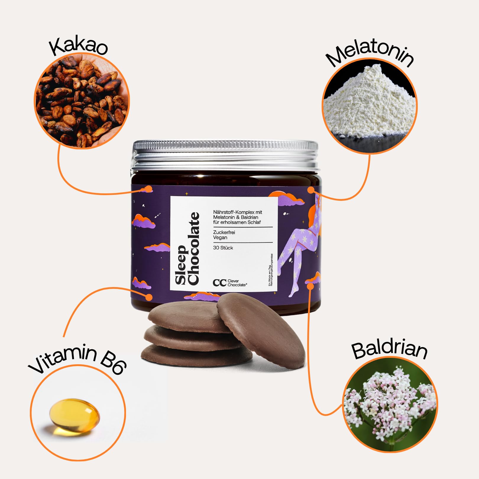 Sleep Chocolate - Melatonin, Baldrian, Vitamin B6 - verkürzte Einschlafzeit, Entspannung, Beruhigungsmittel, Einschlafhilfe - Zuckerfrei - Vegan - 60 Stück - Made in Germany - Clever Chocolate