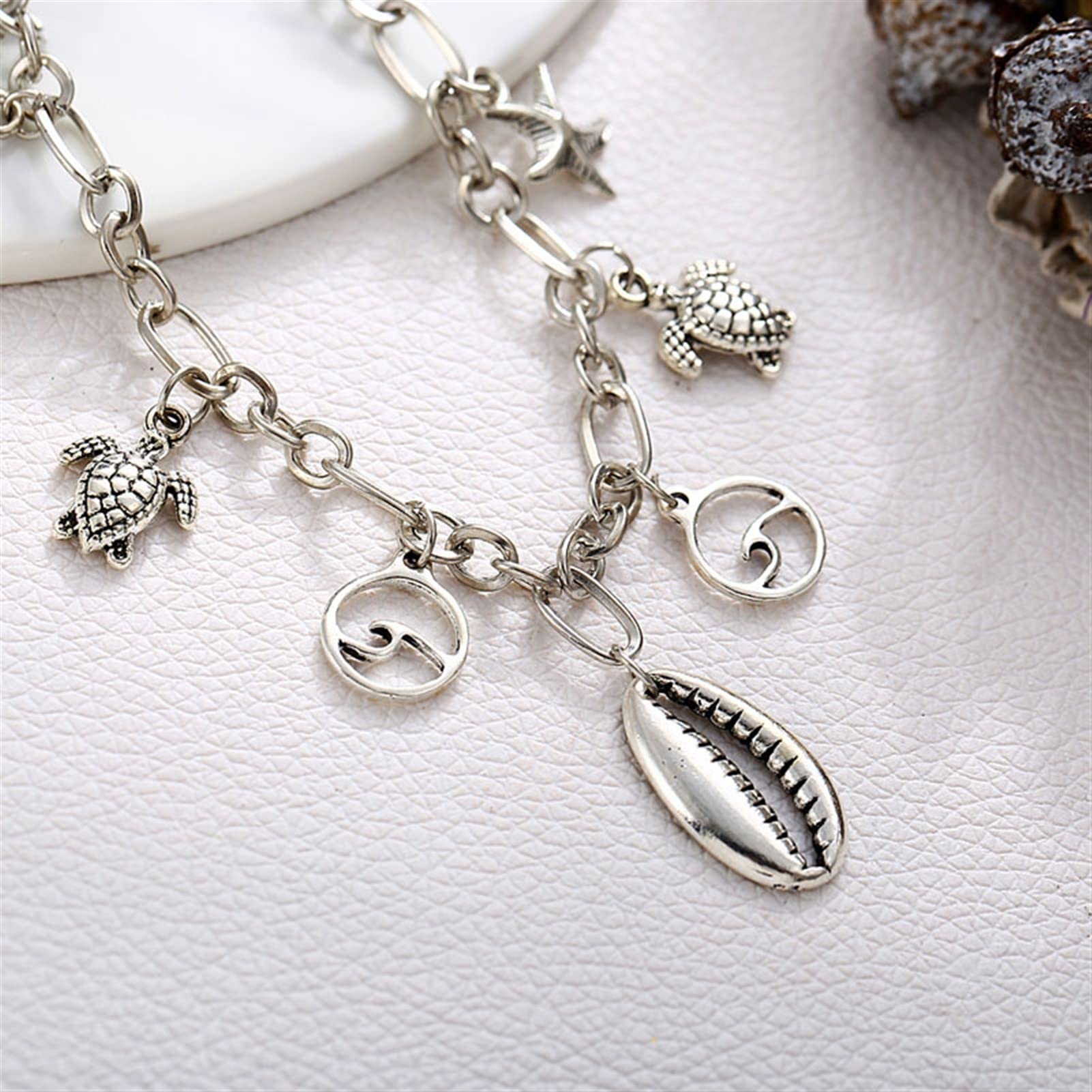 Fußkettchen für Damen, silberfarben, Strand-Design, Fußkettchen mit Muscheln und Schildkröten-Anhängern, Beinkette, Fußkettchen für Damen, Schmuck, Accessoires, Fußkettchen für Damen