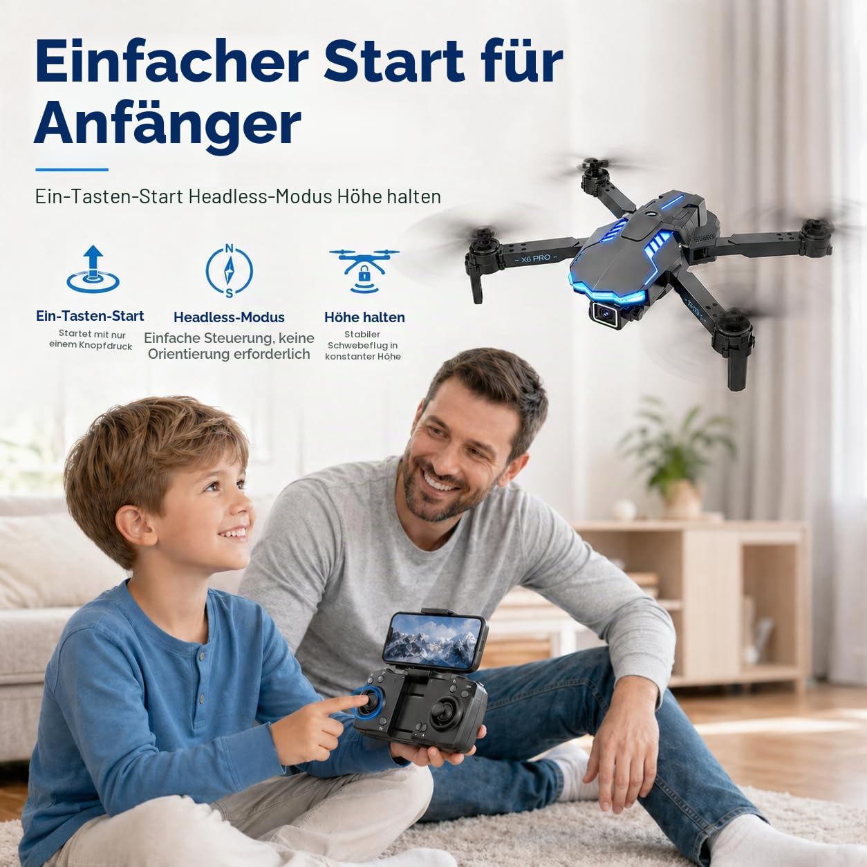 Drohne mit Kamera 1080P für Kinder Anfänger, Bürstenlosem Motor RC Quadcopter, Start mit einem Knopf/35 Min Lange Flugzeit/Höhenhaltung, Spielzeug und Geschenke für Jungen (Blau)