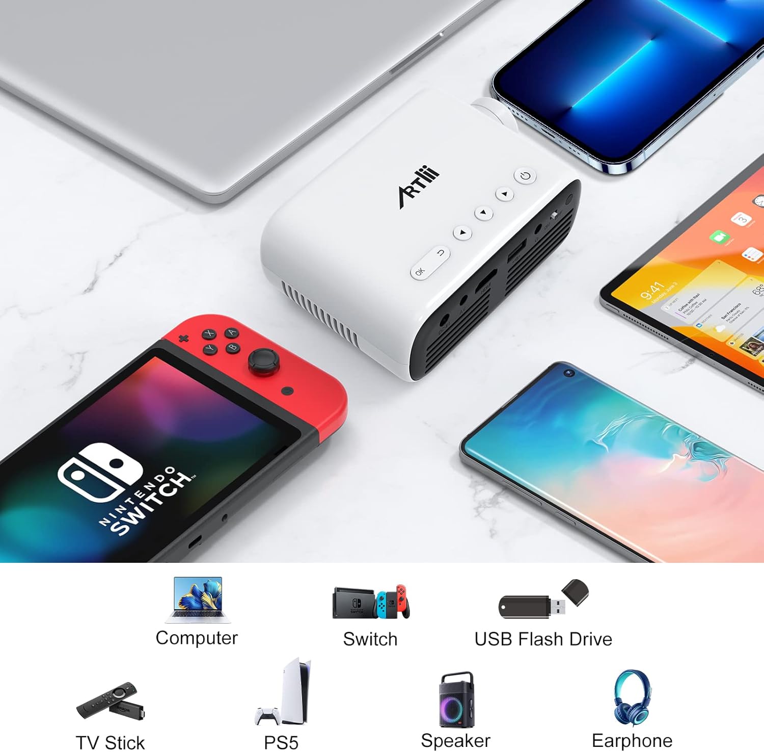 Artlii Q Mini Portable Projector connected to various devices like Nintendo Switch, laptop, smartphone, USB drive, PS5, speaker, earphone