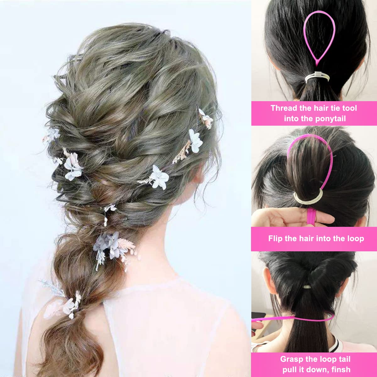 Hair Tail Tools, 6 Pcs Topsy Hair Loop Styling Set, 4 Pcs French Braid Tool Loop, 2 Pcs Tail Braiding Combs, 50 Black Rubber Bands