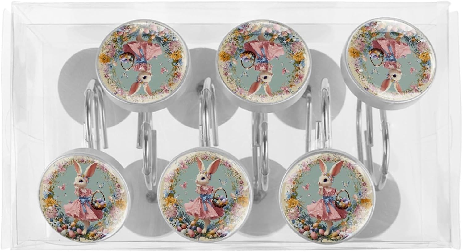 Easter Elegant Rabbit Shower Curtain Hooks, Crystal Glass Rust Resistant Shower Curtain Rings for Bathroom Shower Rod, Decorative Shower Hooks Shower Curtain Hanger Rings Roller