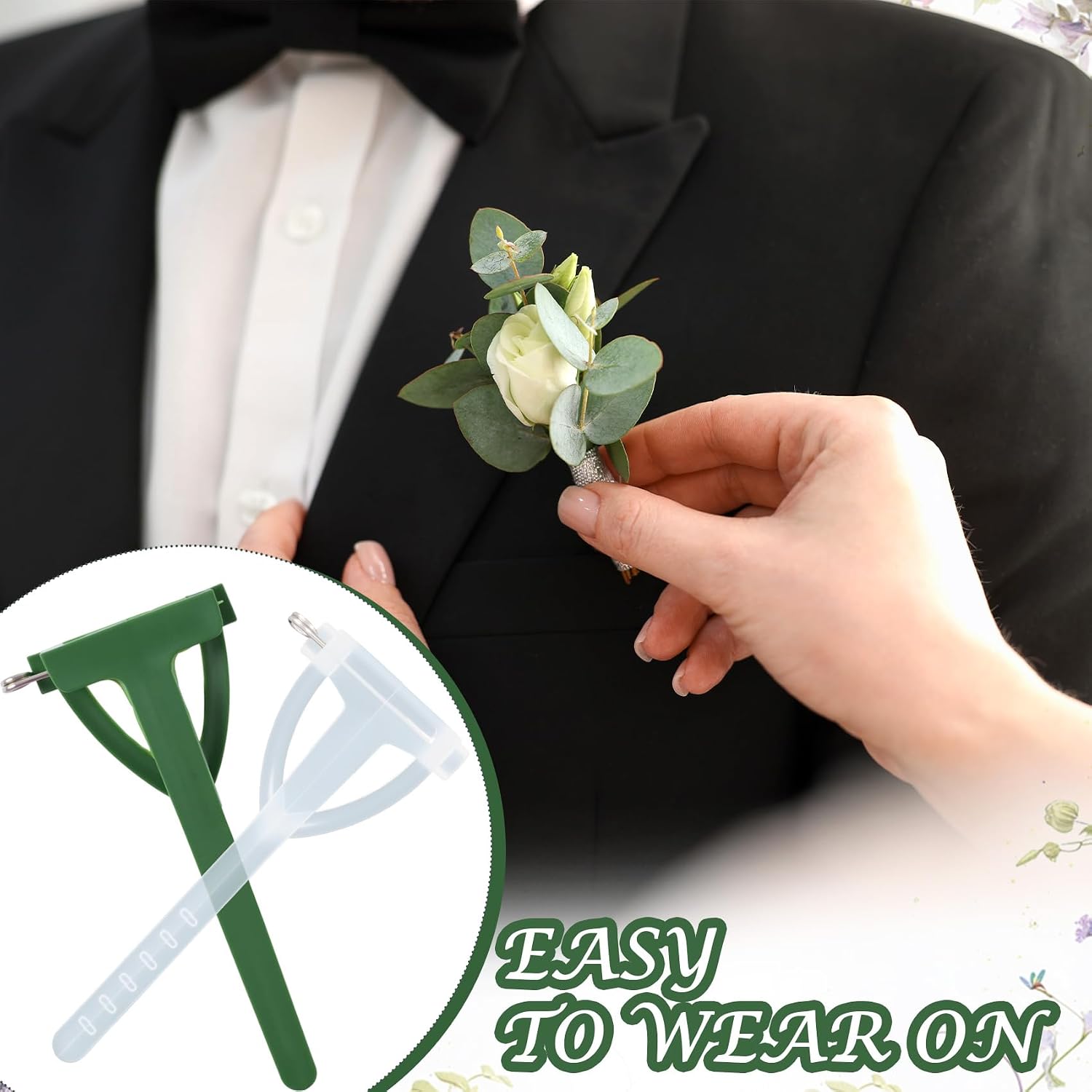 20pcs Boutonniere Safety Pins, Triangle Plastic Corsage Pins Safety Clips for Bride Groom, Tiny Boutonniere Brooch Supplies for Wedding Festivals Birthday Parties- Clear & Green