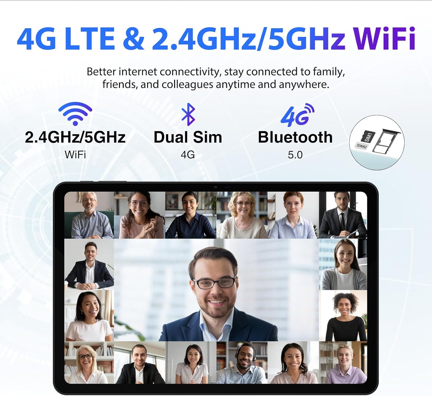 Tablet screen showing a video call with icons for 4G LTE, 2.4GHz/5GHz WiFi, Dual Sim, and Bluetooth 5.0