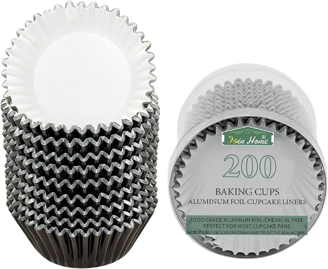 JQinHome Black Foil Cupcake Liners Standard Baking Cups Muffin Wrappers -Premium Greaseproof & Sturdy Cupcake Papers for Wedding Birthday Party, 200-Count (Black)