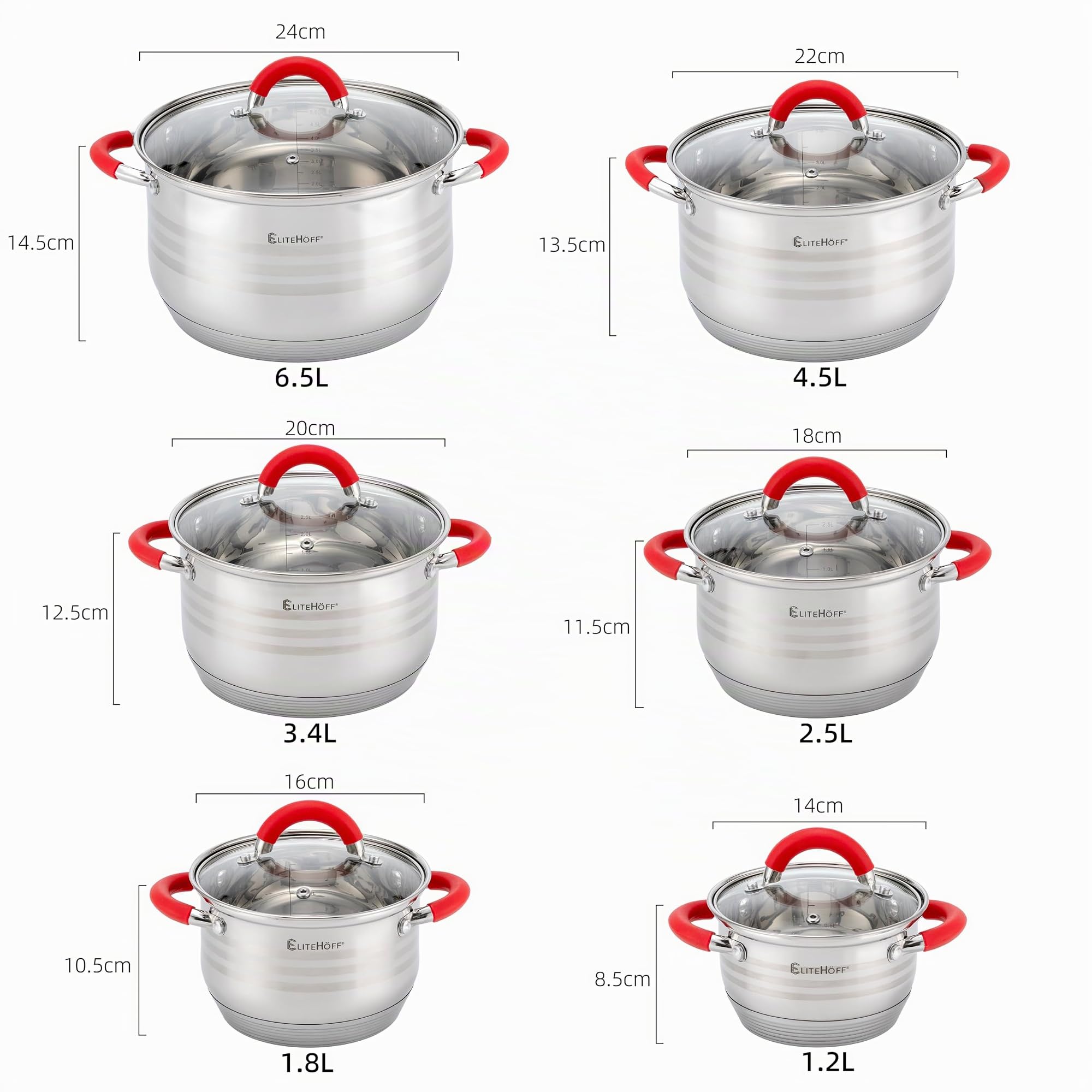 EliteHoff Set di pentole a induzione da 12 pezzi, pentola in acciaio inossidabile a 7 strati, set di 6 pentole con coperchi e maniglie in silicone, per tutti i tipi di pentole, rosso (E-4028)