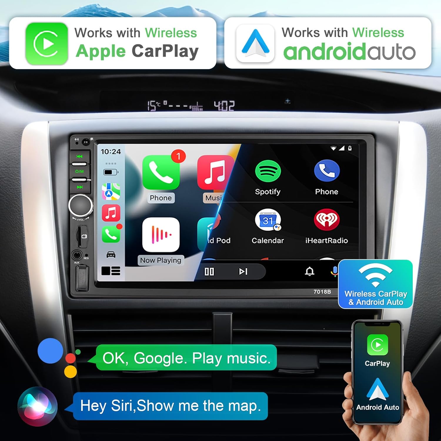 Double Din Car Stereo Wireless Apple CarPlay Wireless Android Auto, 7 Inch Touchscreen Double Din Radio with Mirror Link,Bluetooth, Backup Camera, SWC/FM/USB/AUX